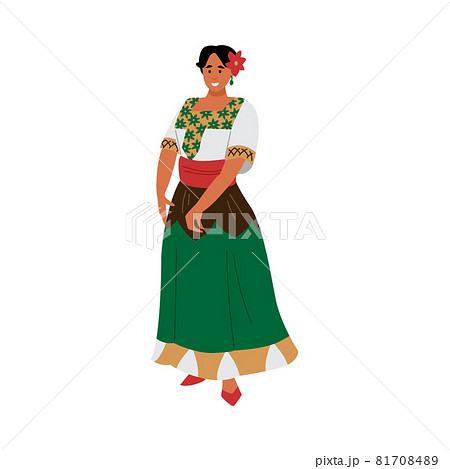 Brunette woman full lengt in mexican costume, flat vector illustration isolated. 81708489