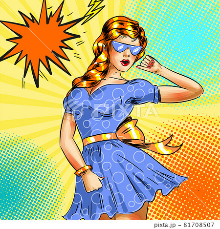 Vector pop art girl in blue dress and blue sunglasses 81708507