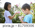 Two children relaxing in a sunny summer garden. A little girl and a little boy are playing in the park. 81709306