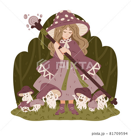 Mushroom witch, with a magic staff, a cape and a fly agaric hat. The enchantress grows boletus. Halloween drawing for poster, cards and more. Vector illustration isolated on white background. Mushroom witch, with a magic staff, a cape and a fly agaric hat. The enchantress grows boletus. Halloween drawing for poster, cards and more. Vector illustration isolated on white background. 81709594