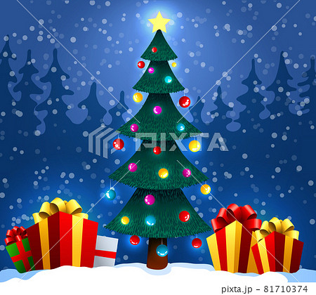 Christmas tree with gifts on snow in winter forest. Christmas and New Year background. Vector illustration. 81710374