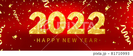 2022 Happy New Year greeting red card with golden confetti. Luxury party template. Gold celebration design. Merry Christmas poster with text and light number decor. Vector illustration 81710993