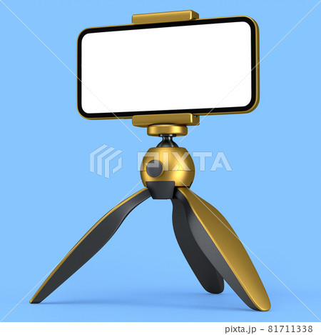 Realistic smartphone with blank white screen on gold tripod isolated on blue 81711338