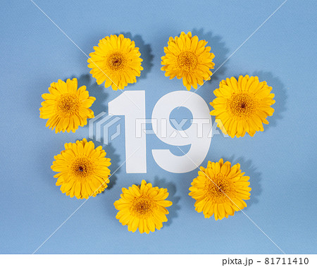 Number 19 surrounded with yellow gerbera flowers on blue background. Number 19 surrounded with yellow gerbera flowers on blue background. 81711410