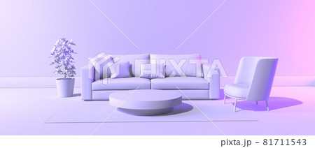 Living room with a sofa - Monochrome minimal theme - 3D Living room with a sofa - Monochrome minimal theme - 3D 81711543
