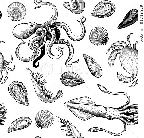 Seamless pattern with seafood elements in hand drawn woodcut style in black and white colors, mollusks, and crabs. Seamless pattern with seafood elements in hand drawn woodcut style in black and white colors, mollusks, and crabs. 81713829