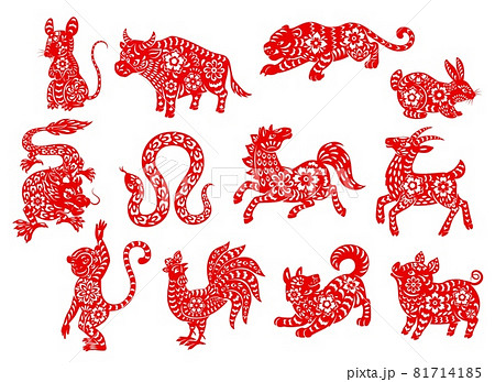 Chinese zodiac horoscope animals of red papercut 81714185