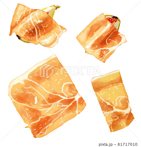 手描き水彩厚塗りのいちじくと生ハムセットのイラスト素材