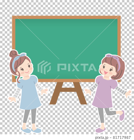 看板を見ながら話し合う可愛い女の子のイラスト素材 看板を見ながら話し合う可愛い女の子のイラスト素材