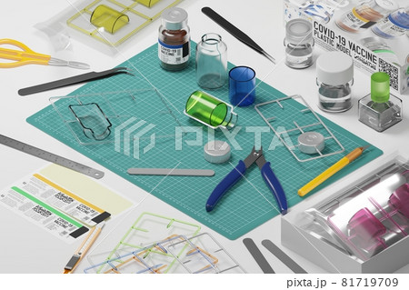 Isometric 3D rendering Covid-19 vaccine bottle Plastic Model toy and Tool Kit hobby, Crisis shortage concept design on white background with copy space 81719709