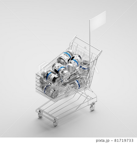 Isometric 3D rendering Covid-19 vaccine bottle and Shopping cart with blank flag, Crisis shortage concept design on white background with copy space 81719733