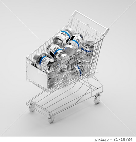 Isometric 3D rendering Covid-19 vaccine bottle and Shopping cart with blank sign, Crisis shortage concept design on white background with copy space 81719734