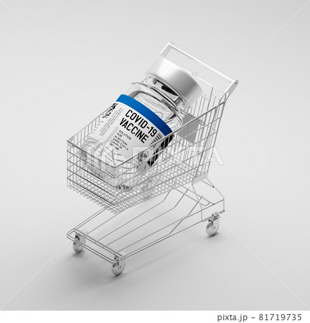 Isometric 3D rendering Covid-19 vaccine bottle and Shopping cart, Crisis shortage concept design on white background with copy space 81719735