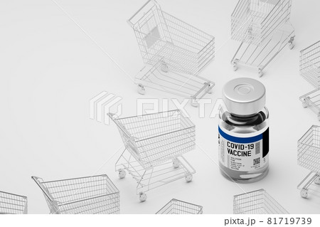 Isometric 3D rendering Covid-19 vaccine bottle and Shopping cart, Crisis shortage concept design on white background with copy space 81719739
