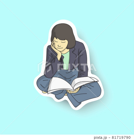 woman reading magazine or book on the ground hand drawn illustration vector isolated on blue background. woman reading magazine or book on the ground hand drawn illustration vector isolated on blue background. 81719790