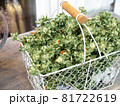 白いアイアンバスケットに入った紅花 81722619