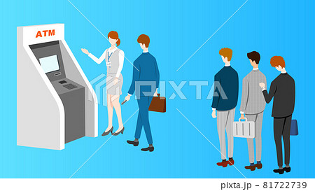 ATMに並ぶ人々と女性の案内係 81722739