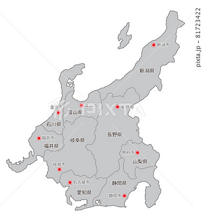 日本地方区分 中部 県名 県庁所在地入り Gryのイラスト素材