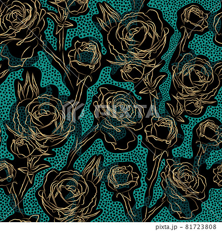 Dark colored floral vector seamless pattern. Golden contours rose flowers on spotted blue turquoise and black background.  81723808