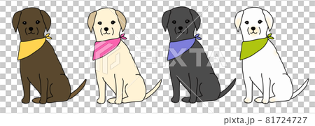 バンダナをつけた おすわりをする4色のラブラドールレトリバーのイラストのイラスト素材