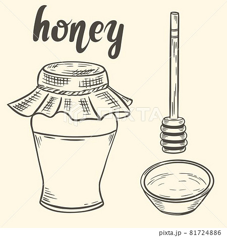 Sketch of honey jar, spoon and bowl vector vintage illustration. 81724886