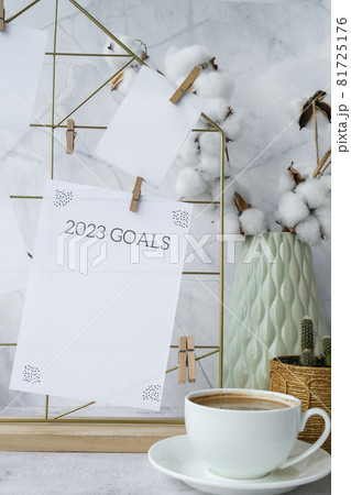 2023 GOALS cards and posters mock ups on grid board. Copy space. Home office desktop. Freelance bloggers workplace. Brushes and palette 2023 GOALS cards and posters mock ups on grid board. Copy space. Home office desktop. Freelance bloggers workplace. Brushes and palette 81725176