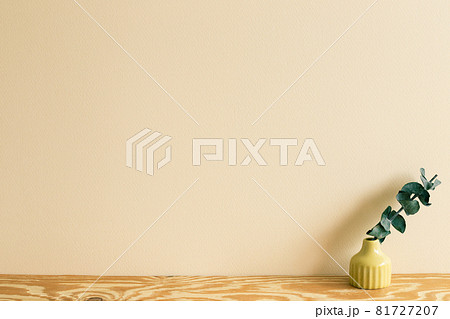 Vase of eucalyptus leaf on wooden table. beige wall background. home interior Vase of eucalyptus leaf on wooden table. beige wall background. home interior 81727207