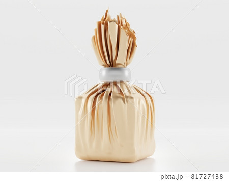 Gift box wrapped golden foil, front view. Holiday shiny package with decor silver ring and folds, template gift wrapping isolated on white background. Realistic illustration, 3d render 81727438