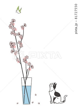 桜の花とメジロと猫のイラスト素材