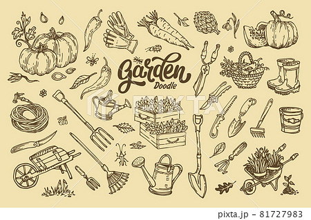 Big set of hand-drawn garden elements gardening tools. Big set of hand-drawn garden elements gardening tools. 81727983