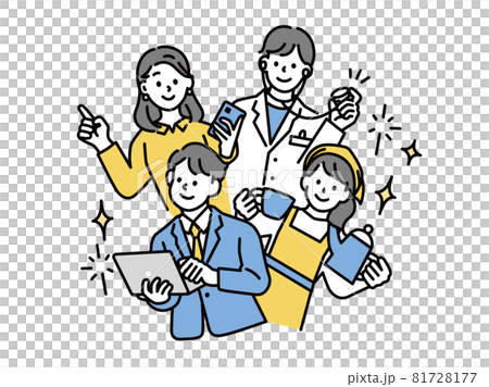 ポイント、注目、発表を表す男女のイラスト(街の人々、シェフ、パティシエ、職業、カフェ、医者、店員) 81728177