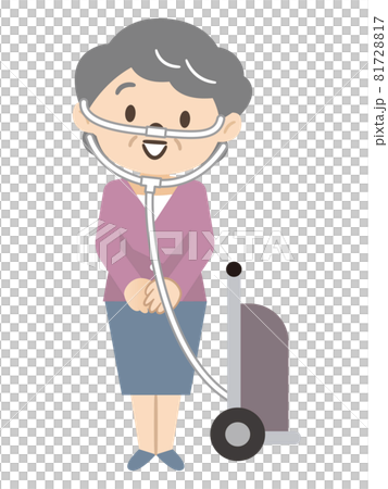 携帯用酸素ボンベで移動するシニア女性のイラスト素材