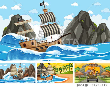 Set of different scenes with pirate ship at the sea and animals in the zoo 81730415