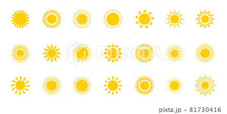 Bright sun icons set vector. Sunset logo in various design on white isolated background. Bright sun icons set vector. Sunset logo in various design on white isolated background. 81730416