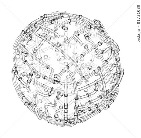 Pipes with flanges around a large sphere. Vector 81731089