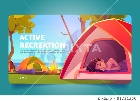 Woman sleep in tent in summer camp on lake shore 81731250