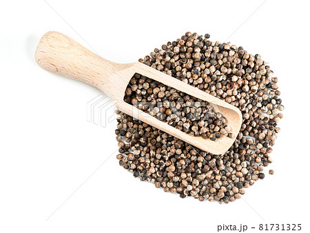 top view of wood scoop on pile of monk's pepper (Vitex) on white background top view of wood scoop on pile of monk's pepper (Vitex) on white background 81731325
