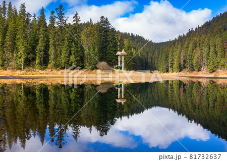 mountain lake among coniferous forest. beautiful autumn landscape with fluffy clouds on the sky. scenery reflecting in the calm water. popular destination of synevyr national park, ukraine mountain lake among coniferous forest. beautiful autumn landscape with fluffy clouds on the sky. scenery reflecting in the calm water. popular destination of synevyr national park, ukraine 81732637