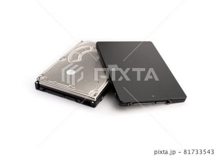 Modern SSD and old HDD Hard disk drive isolated on white background. Computer hardware data storage 81733543