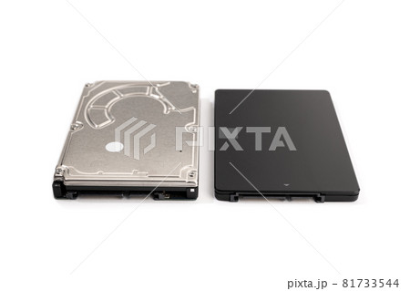 Modern SSD and old HDD Hard disk drive isolated on white background. Computer hardware data storage 81733544