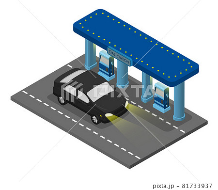 Isometric illustration. Passenger car refueling at gas station. Use of minerals as fuel. Cartoon 3d vector isolated on white background 81733937