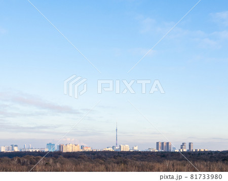 blue sky over city park and residential district on horizon on sunny winter day 81733980