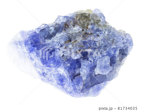 macro photography of natural mineral from geological collection - raw tanzanite (blue and violet zoisite) stone on white background 81734035