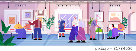 senior people visiting art gallery aged men women visitors viewing exhibits in museum old age concept senior people visiting art gallery aged men women visitors viewing exhibits in museum old age concept 81734656