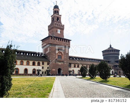 Travel to Italy - courtyard of fortress Castello Sforzesco (Sforza Castle) with towers Torre del Filarete and Torrione di Santo Spirito in Milan city 81736152