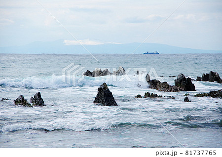 白浜の屏風岩から遠くに伊豆大島三原山を望む（千葉県南房総市） 81737765