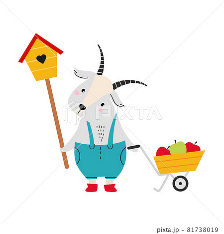 Cute Goat as Farm Animal on Ranch with Wheelbarrow Full of Apples Vector Illustration Cute Goat as Farm Animal on Ranch with Wheelbarrow Full of Apples Vector Illustration 81738019