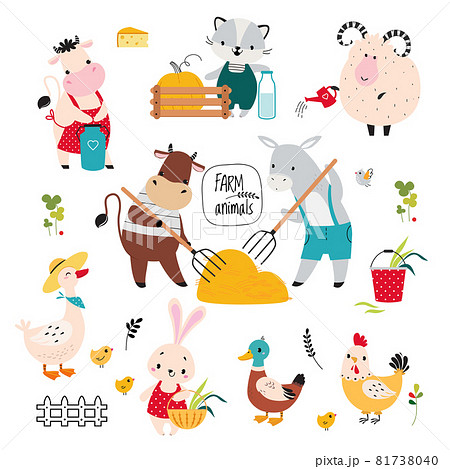 Cute Farm Animals on Ranch Harvesting and Watering Plant Vector Set 81738040