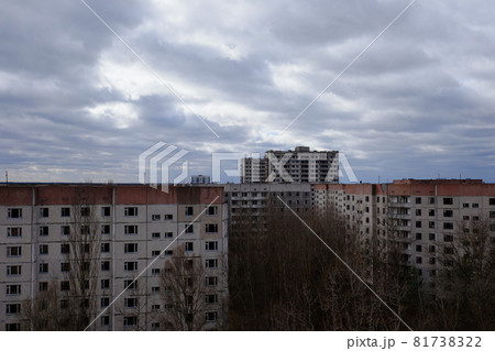 Cloudy sky over abandoned residential buildings in Pripyat. 81738322