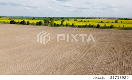 A plowed agricultural field, crops of rapeseed in the distance. Aerial view of farmland, landscape. 81738920